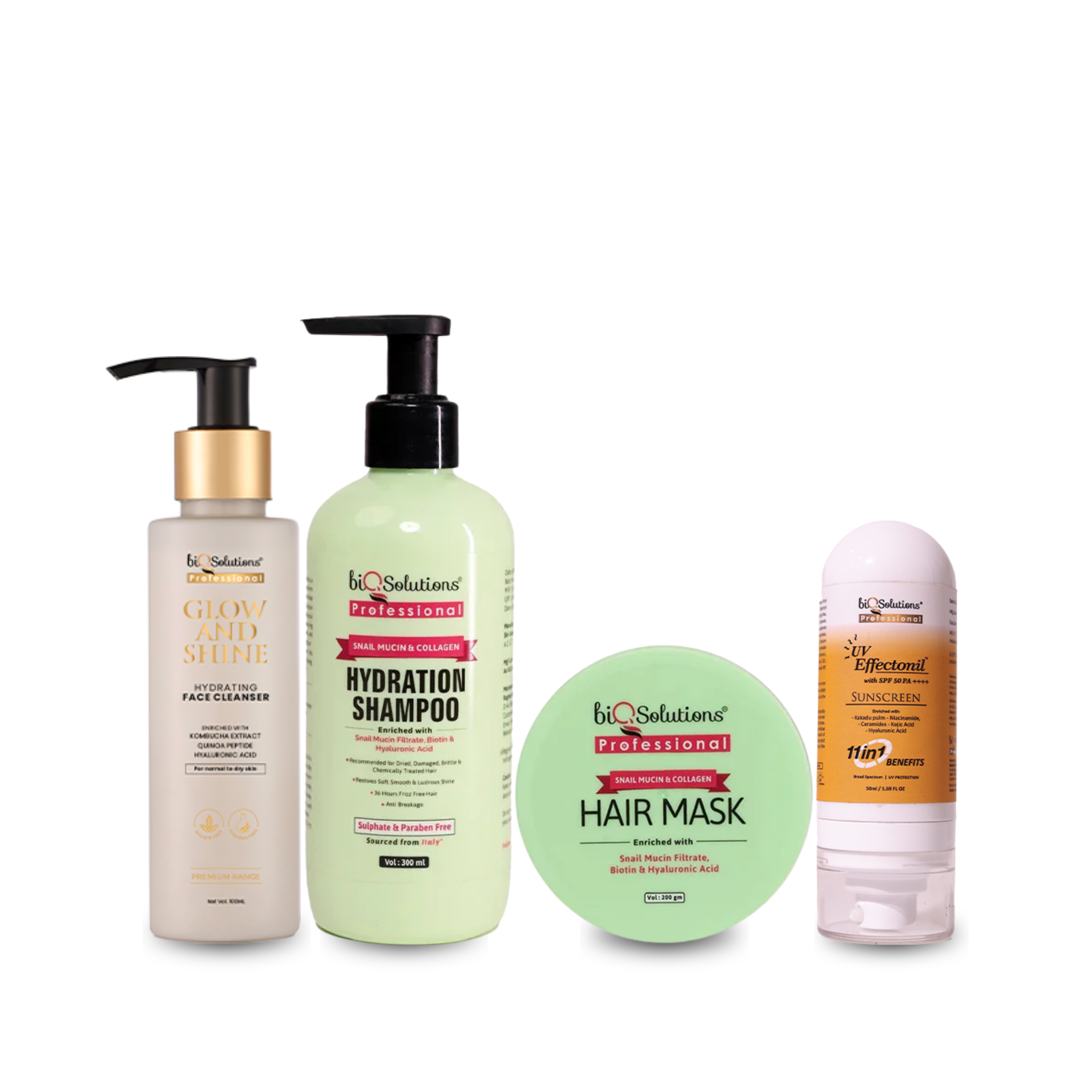 Snail Mucin and Collagen Shampoo (300 ML) + Hair Mask (200 GMS) + Glow and Shine hYdration Facewash + UV Effectonil Sunscreen