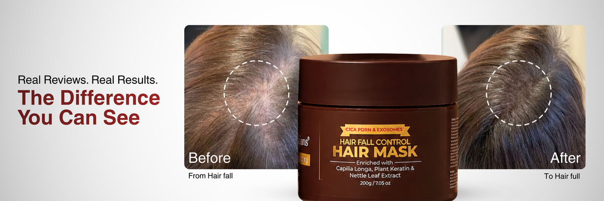PDRN & EXOSOMES HAIRFALL CONTROL SHAMPOO ( 1 LITRE) + HAIR MASK (200 GMS) + ANTI HAIRFALL AND HAIR GROWTH BOOSTER SERUM SHOTS ( 10 VIALS) + ARGAN OIL Banner 3