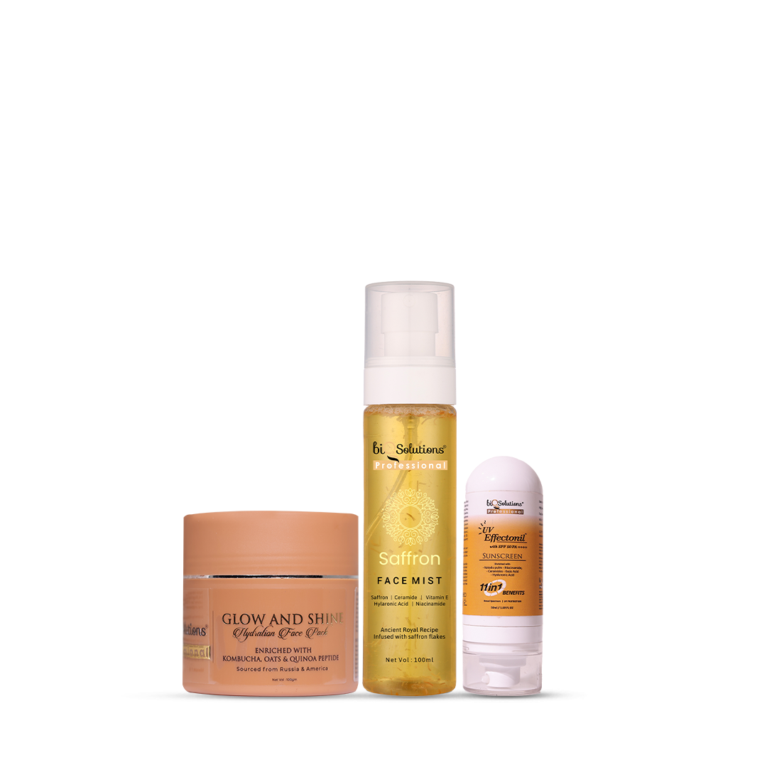 SUN-KISSED GLOW KIT – GLOW AND SHINE HYDRATION FACE PACK + SAFFRON GLOW MIST + UV EFFECTONIL SUNSCREEN