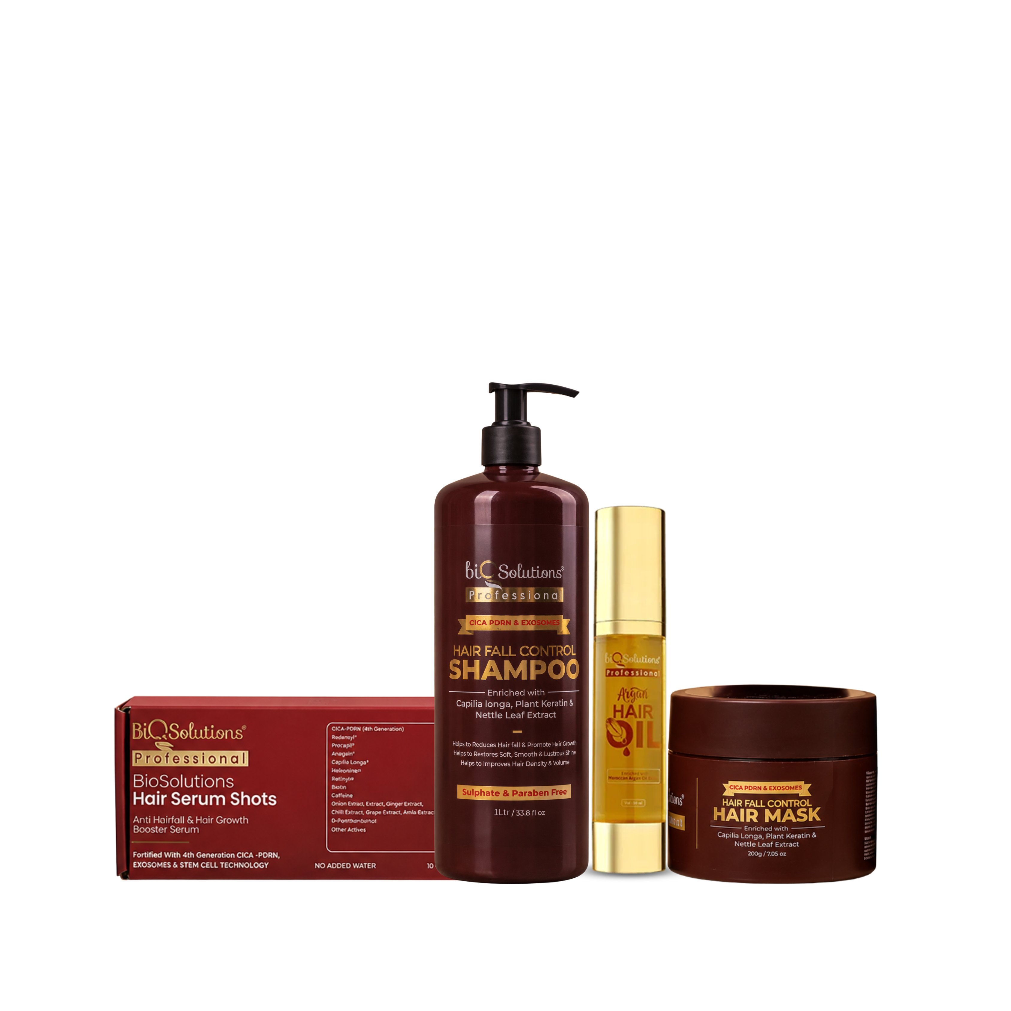 PDRN & EXOSOMES HAIRFALL CONTROL SHAMPOO ( 1 LITRE) + HAIR MASK (200 GMS) + ANTI HAIRFALL AND HAIR GROWTH BOOSTER SERUM SHOTS ( 10 VIALS) + ARGAN OIL