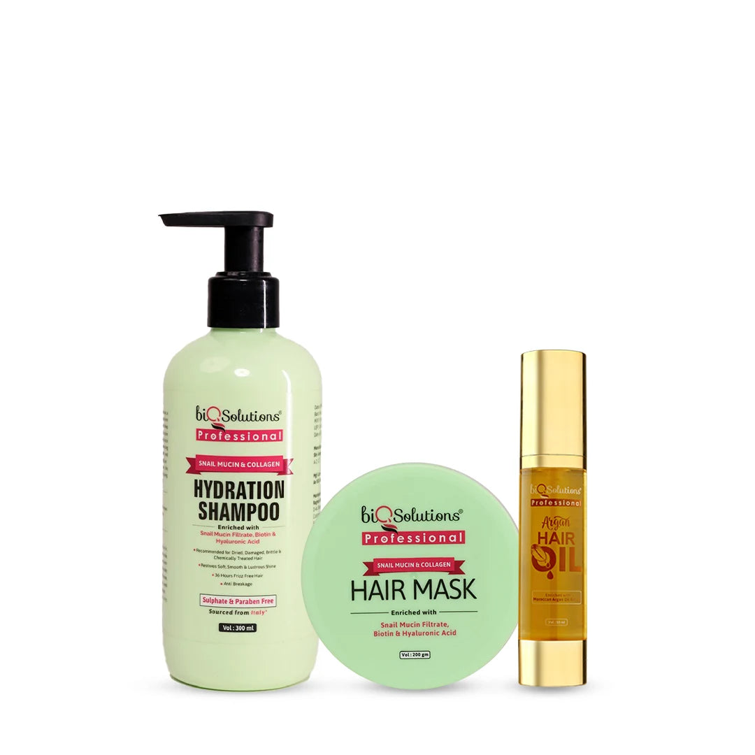 SNAIL STRENGTH & SHINE SET – SNAIL MUCIN AND COLLAGEN SHAMPOO (300ML) + MASK (200G) + ARGAN OIL HAIR SERUM (50 ML)