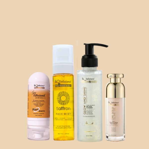 PURE BALANCE GEL CLEANSER FACE WASH +SAFFRON GLOW FACE MIST + 24K GOLD GLOW OIL + UV EFFECTONIL SUNSCREEN