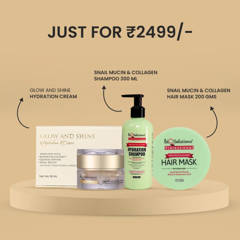 BUY SNAIL MUCIN SHAMPOO 300 ML + SNAIL MUCIN HAIR MASK 200 GMS + BUY GLOW AND SHINE HYDRATION CREAM