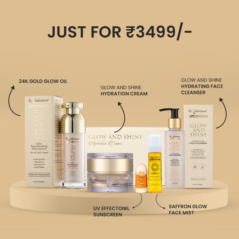 BUY GLOW AND SHINE - HYDRATING FACE CLEANSER + SAFFRON GLOW FACE MIST + GLOW AND SHINE HYDRATION CREAM + UV EFFECTONIL SUNSCREEN + 24K GOLD GLOW OIL