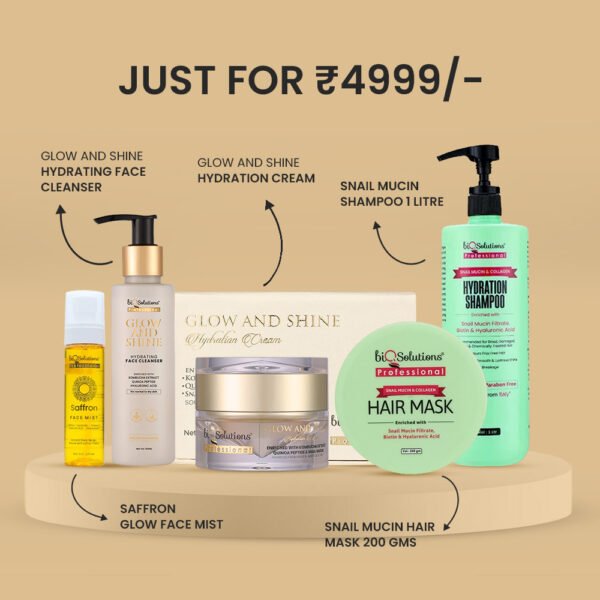 BUY SNAIL MUCIN 1 LITRE SHAMPOO + SNAIL MUCIN HAIR MASK 200 GMS + GLOW AND SHINE HYDRATION CREAM + GLOW AND SHINE HYDRATING FACE CLEANSER + SAFFRON GLOW FACE MIST