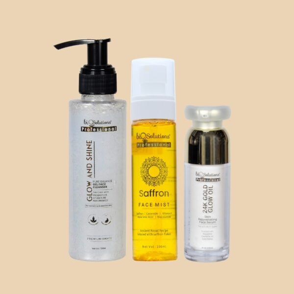 Glow & Shine Pure Balance Gel Face Cleanser & Saffron Glow Face Mist & 24K Gold Glow Face Oil